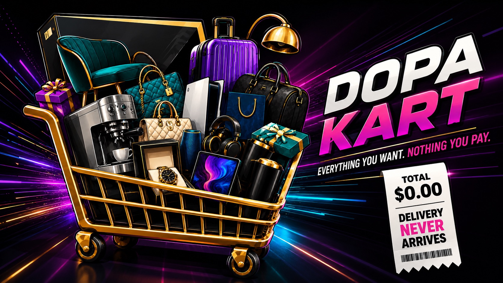 DopaKart shopping cart filled with luxury goods