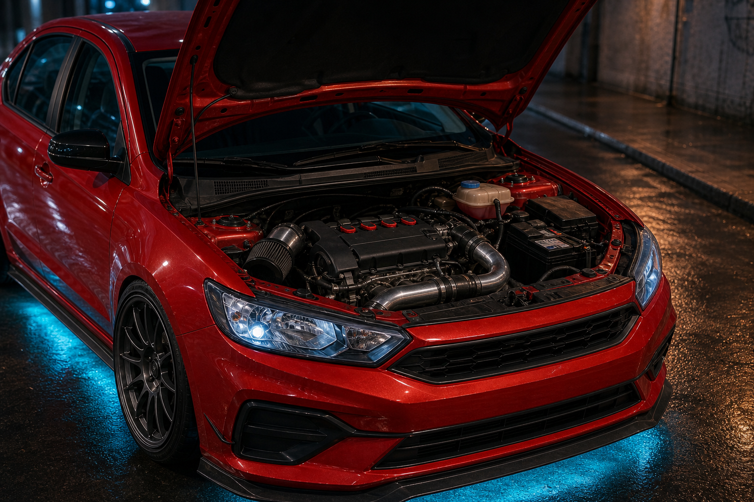 Open engine bay of the modified Bairro Rua 4 with turbocharged four-cylinder engine