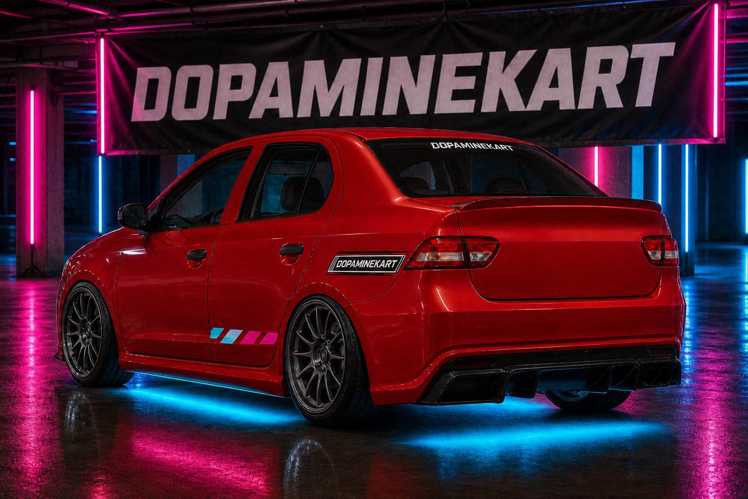 DopamineKart-branded Bairro Rua 4 rear view with matching gunmetal multi-spoke rims, event banner, diffuser and cyan underglow