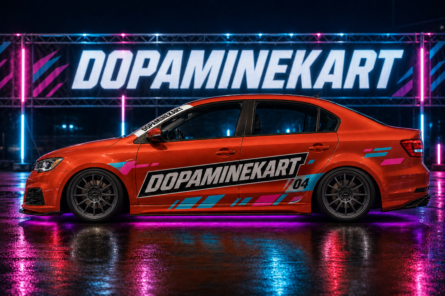 DopamineKart race-liveried Bairro Rua 4 side profile with dark gunmetal multi-spoke rims, side skirts and magenta underglow