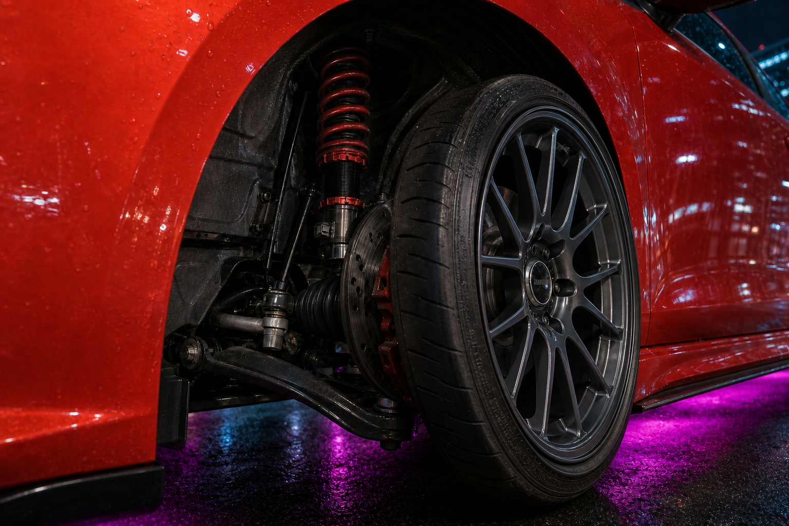 Closeup of the Bairro Rua 4 matching gunmetal multi-spoke rim, adjustable red coilover and front suspension