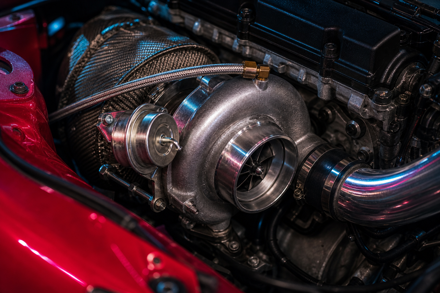 Closeup of the Bairro Rua 4 polished turbocharger, wastegate and braided oil line