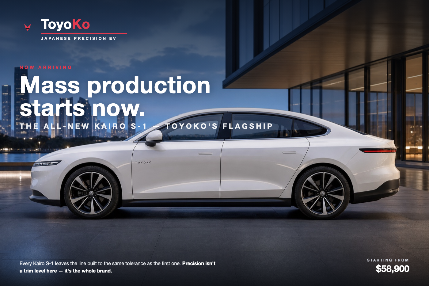 ToyoKo — Japanese Precision EV. The all-new Kairo S-1, ToyoKo's flagship. Mass production starts now. Starting from $58,900.