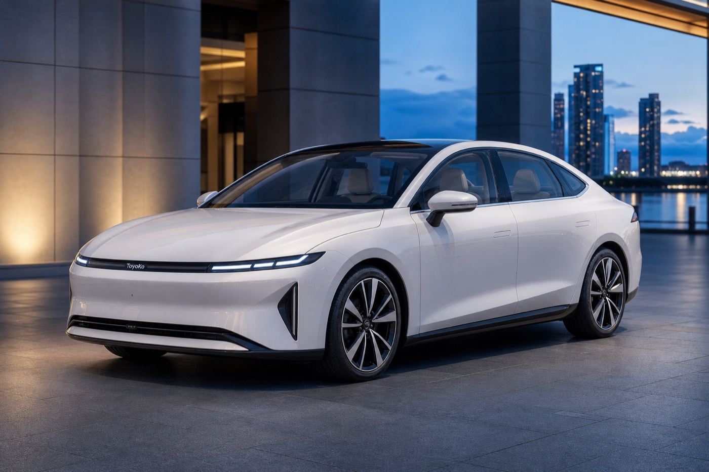 Pearl white ToyoKo Kairo S1 electric sedan parked at dusk