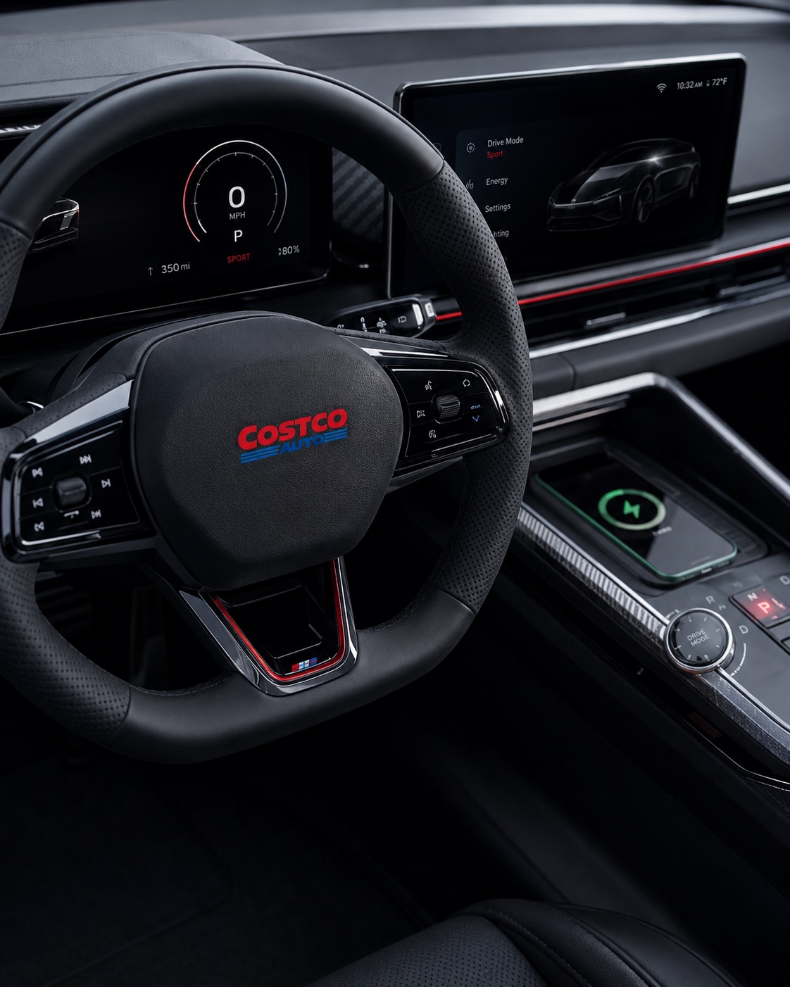 2032 Costco Electric Sport Coupe interior — carbon fiber sport steering wheel with Costco Auto badge, 350mi Sport mode display, green wireless charging pad