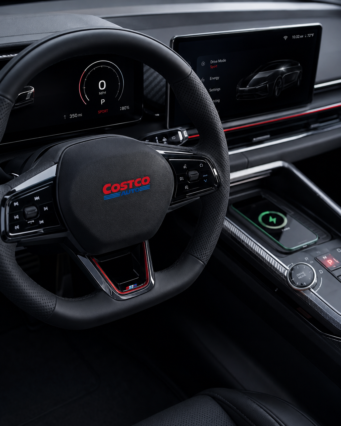 2032 Costco Electric Sport Coupe interior — carbon fiber sport steering wheel with Costco Auto badge, 350mi Sport mode display, green wireless charging pad
