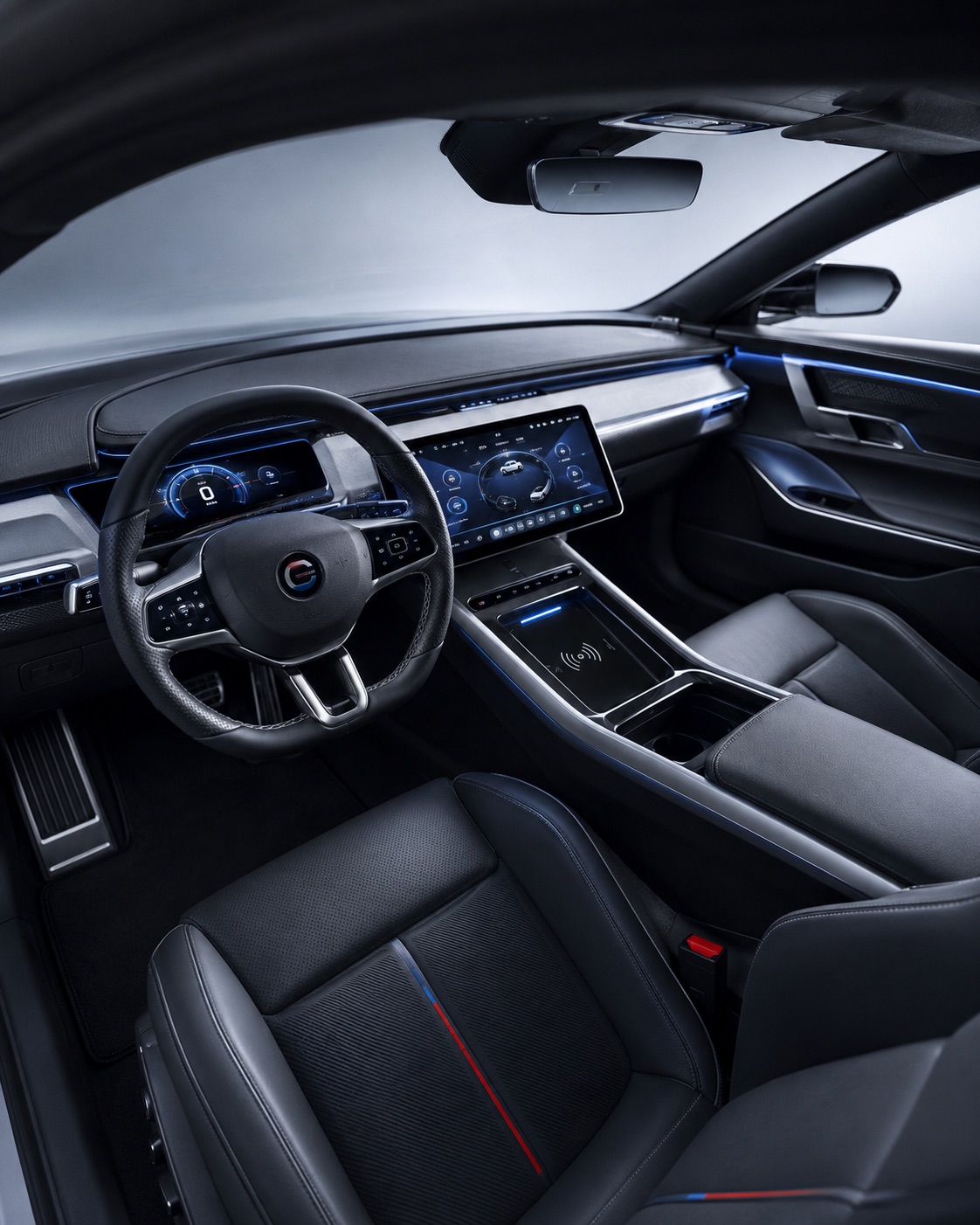 2032 Costco Electric Sport Coupe interior second angle — curved panoramic display, ambient blue lighting, sport bucket seats with red and blue stitching detail