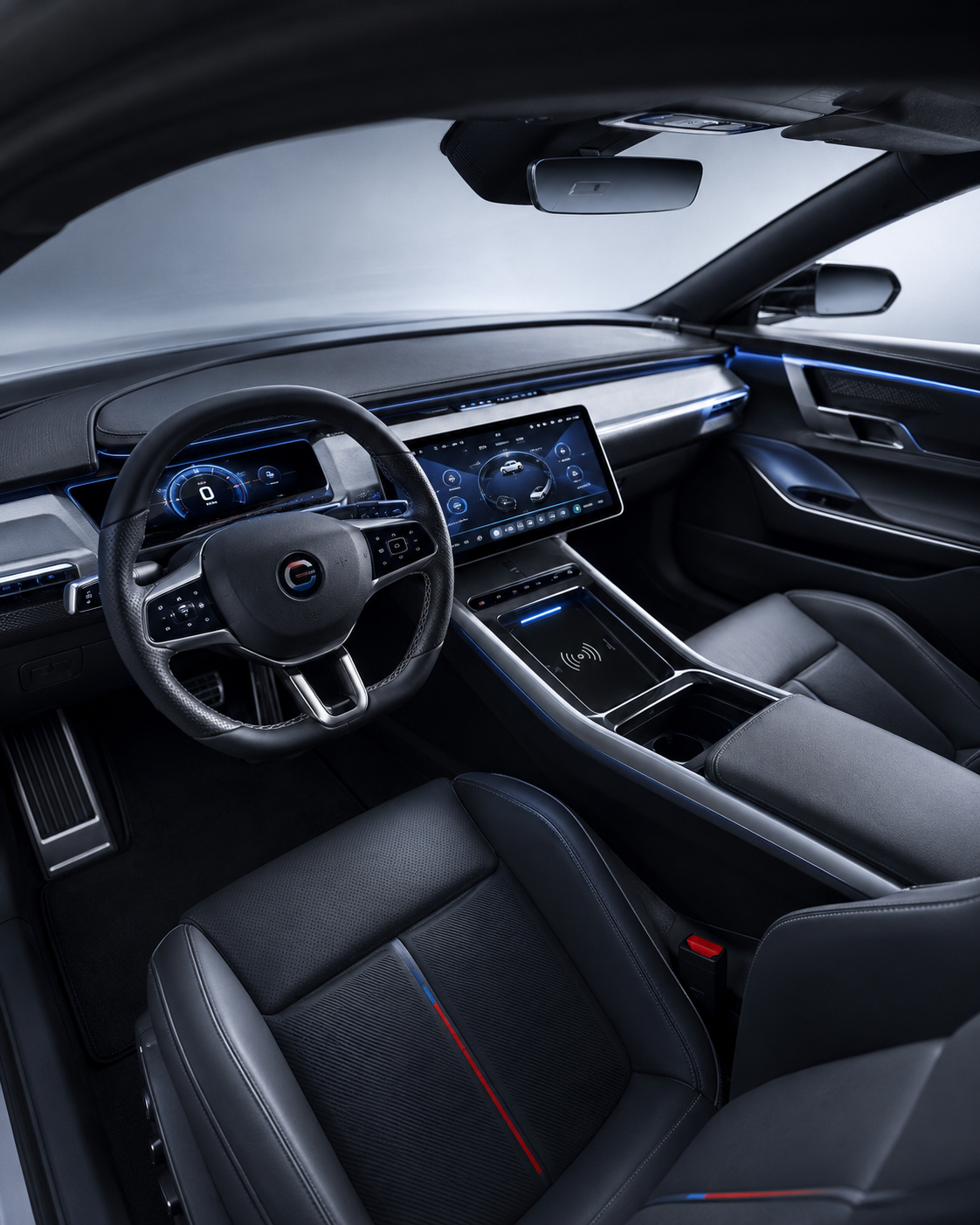 2032 Costco Electric Sport Coupe interior second angle — curved panoramic display, ambient blue lighting, sport bucket seats with red and blue stitching detail