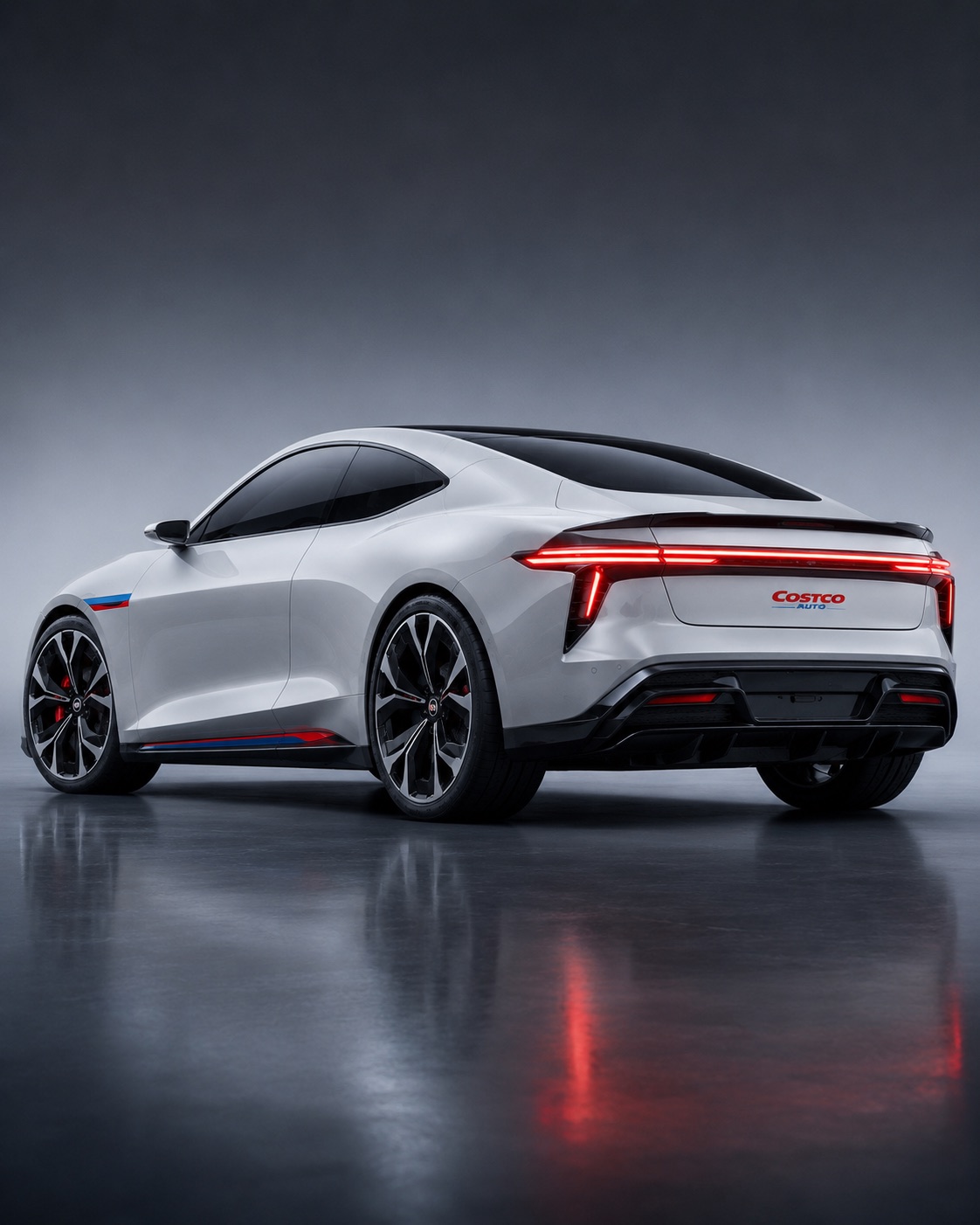 2032 Costco Electric Sport Coupe rear three-quarter studio shot showing full-width red LED taillight bar