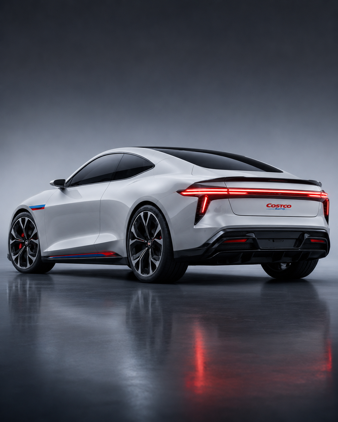 2032 Costco Electric Sport Coupe rear three-quarter studio shot showing full-width red LED taillight bar