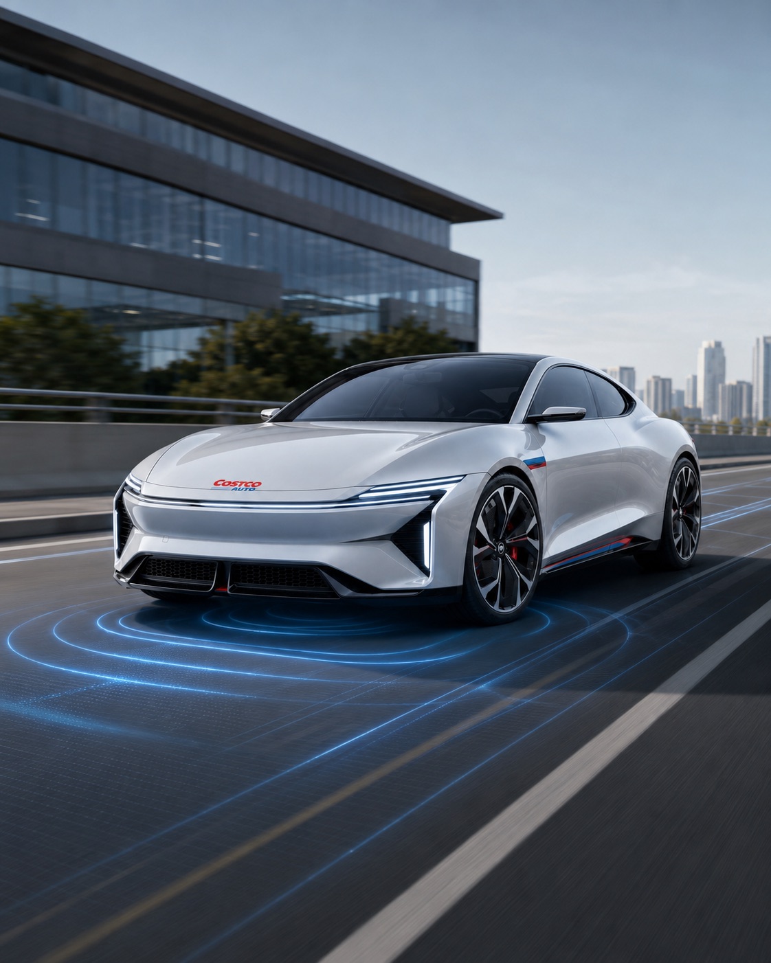 Costco Electric Sport Coupe driving with blue wireless charging ripple waves under the car