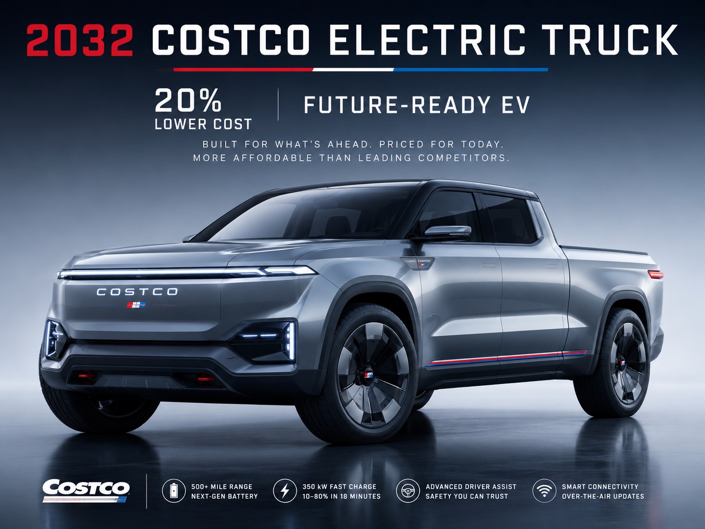 2032 Costco Electric Truck hero press photo — silver crew cab pickup with COSTCO lettering on fascia, 500+ mile range badge