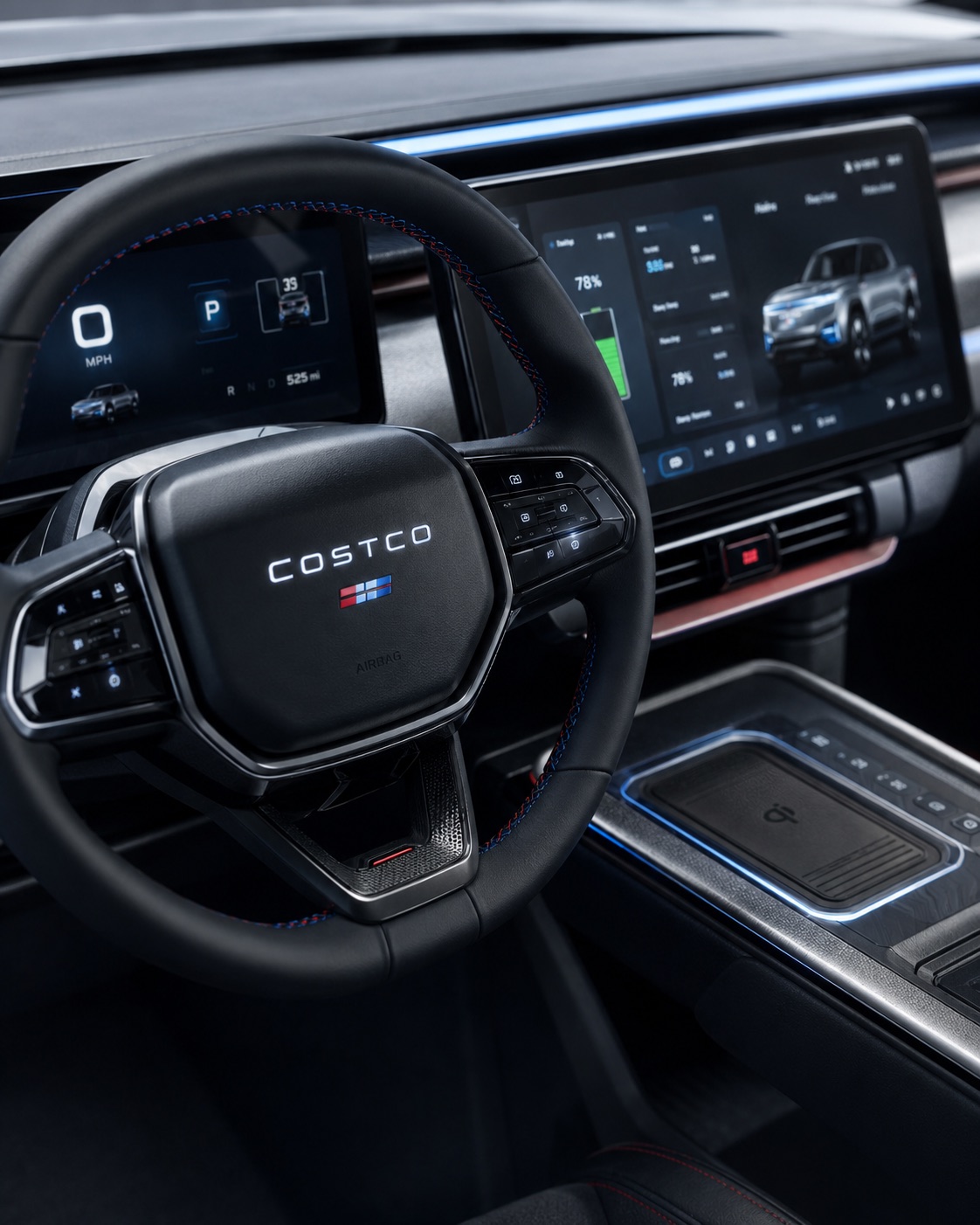 2032 Costco Electric Truck interior — large Costco logo steering wheel with blue stitching, dual-screen dashboard showing 525 mile range, wireless charging pad