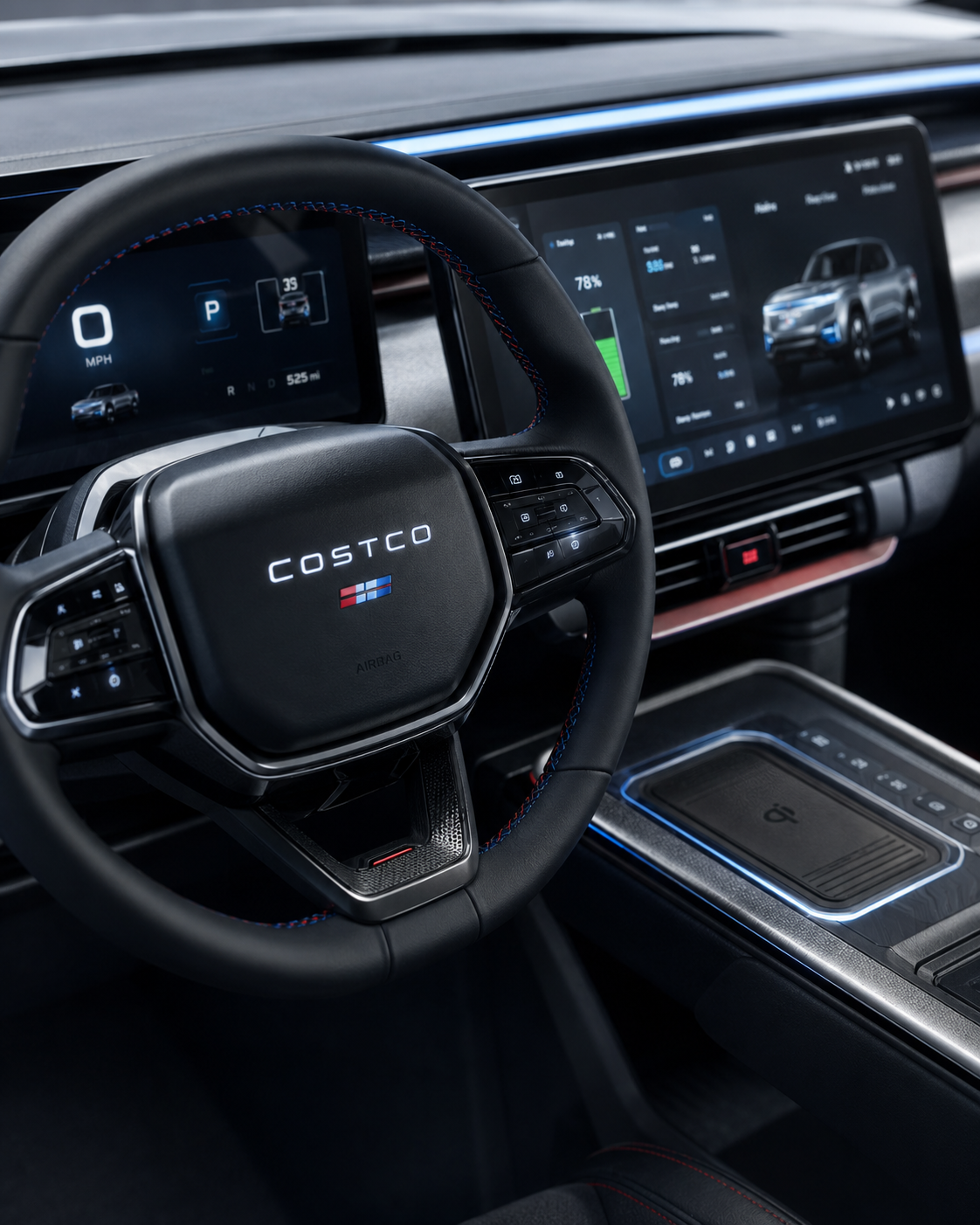 2032 Costco Electric Truck interior — large Costco logo steering wheel with blue stitching, dual-screen dashboard showing 525 mile range, wireless charging pad
