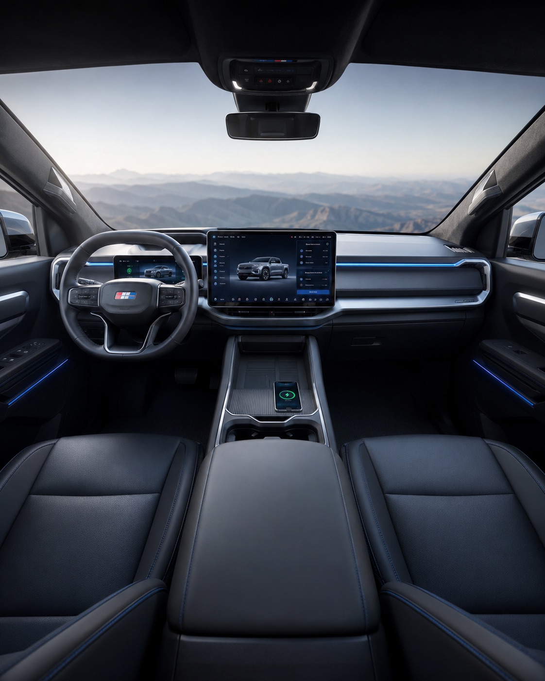 2032 Costco Electric Truck second interior angle — cockpit looking through panoramic windshield at mountain vista, ambient blue lighting accents
