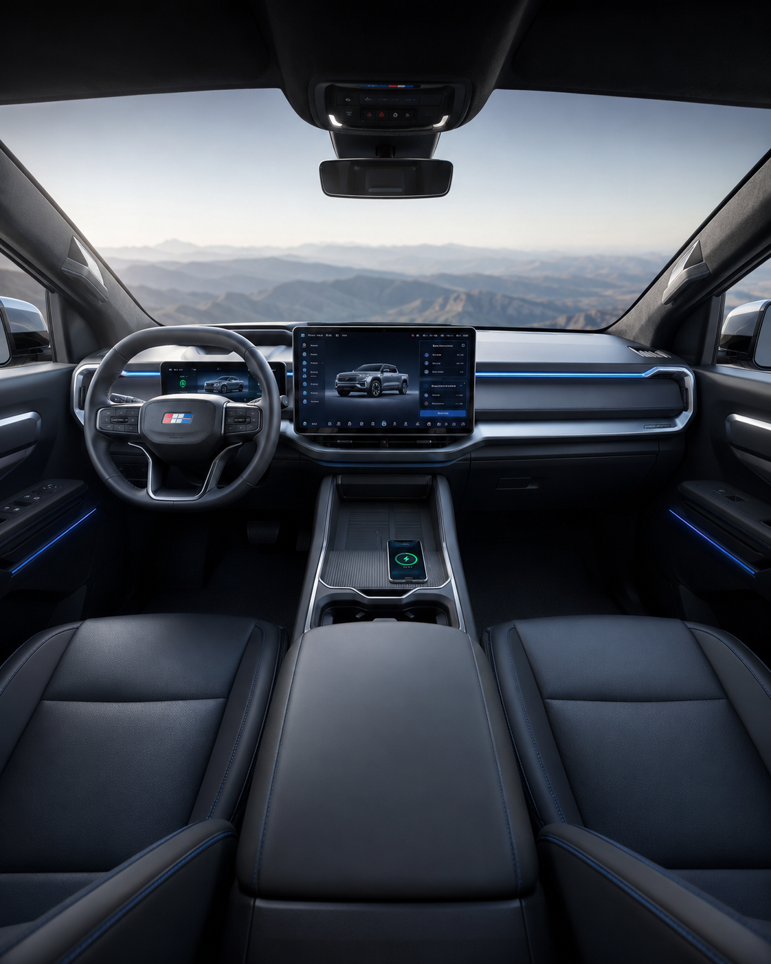 2032 Costco Electric Truck second interior angle — cockpit looking through panoramic windshield at mountain vista, ambient blue lighting accents