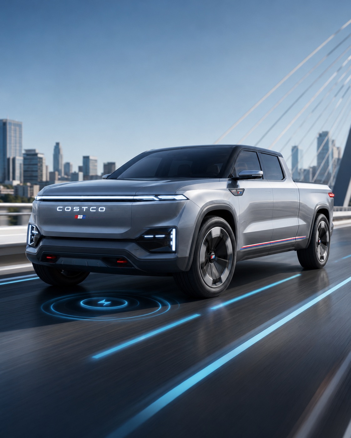 2032 Costco Electric Truck driving on highway bridge with blue wireless charging ripple under truck