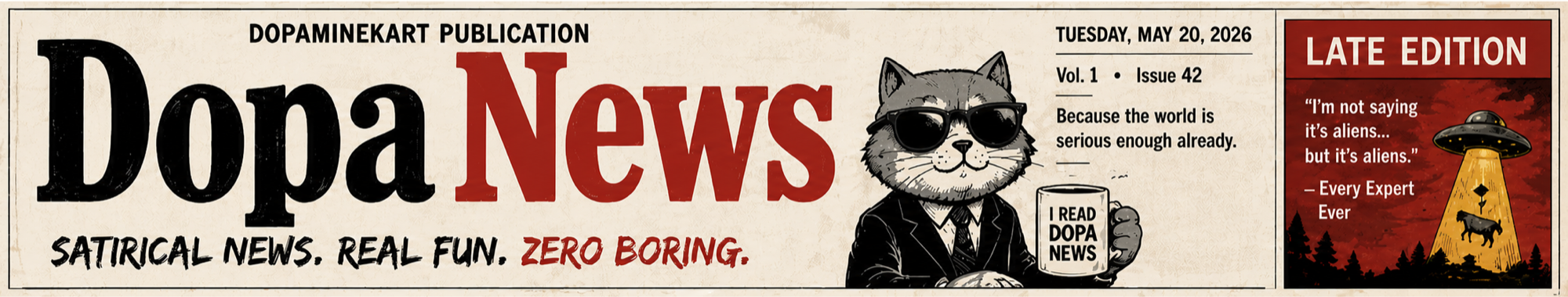 DopaNews masthead: satirical news, real fun, zero boring