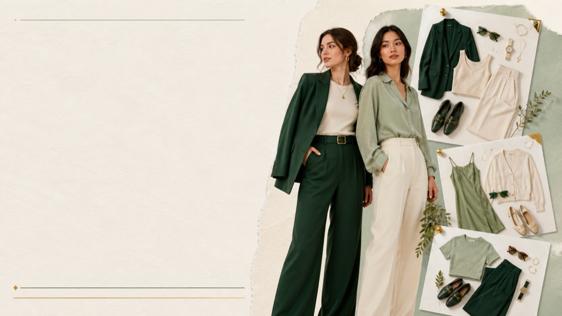 DopaSnap editorial fashion collage in ivory, sage and forest green