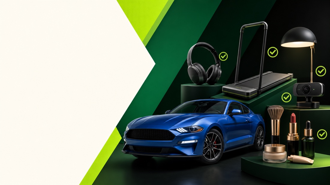 Legit product-review collage featuring a blue coupe, electronics, fitness equipment, lighting and cosmetics