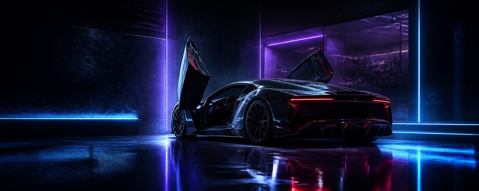 Futuristic graphite hypercar in a neon WheelDream garage