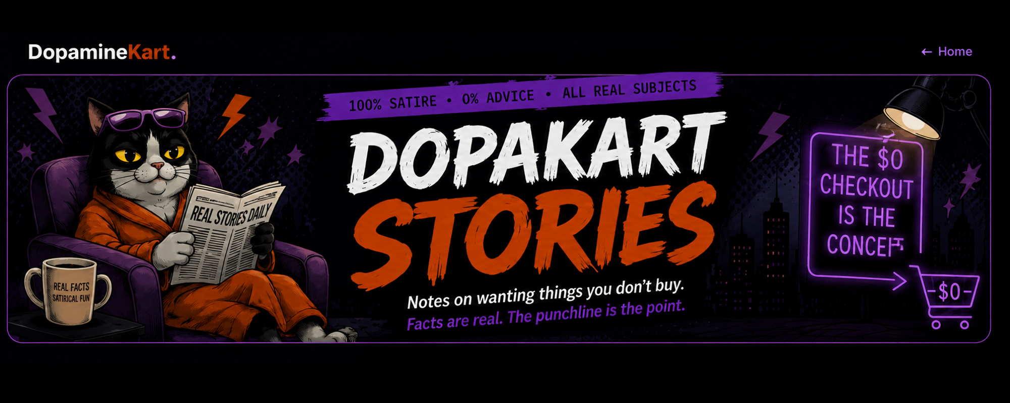 DopaKart Stories masthead: satire, real facts, sources