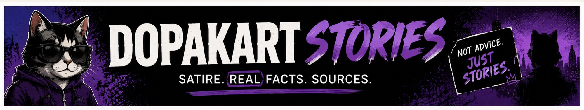 DopaKart Stories masthead: satire, real facts, sources