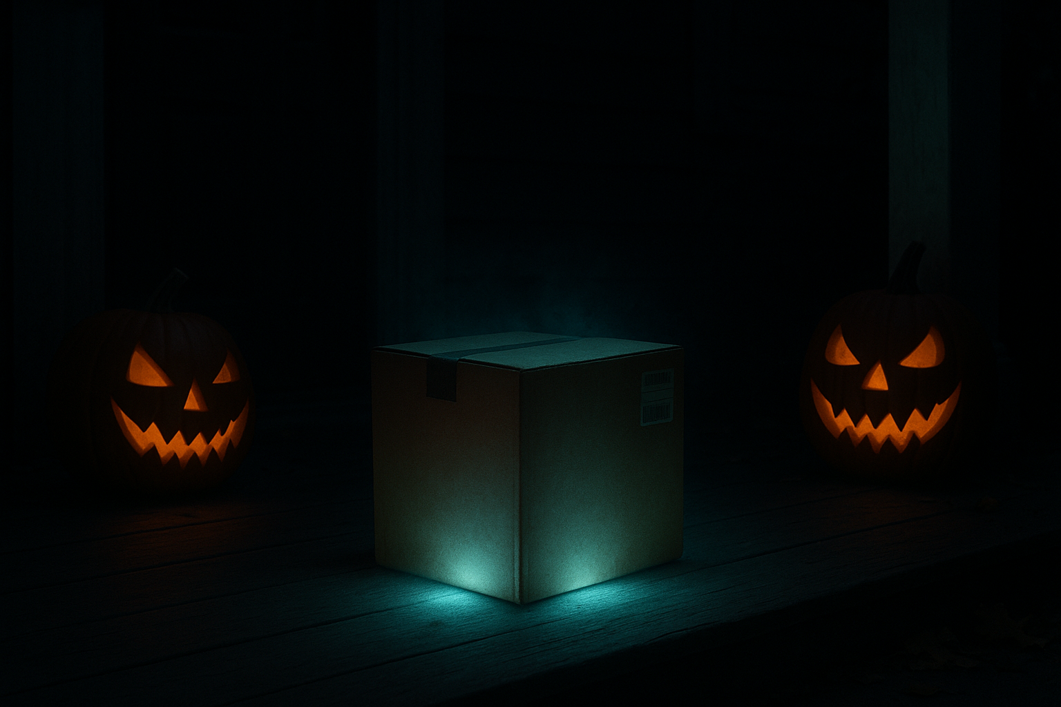A cardboard delivery package glowing faintly on a dark porch at night, jack-o-lanterns nearby