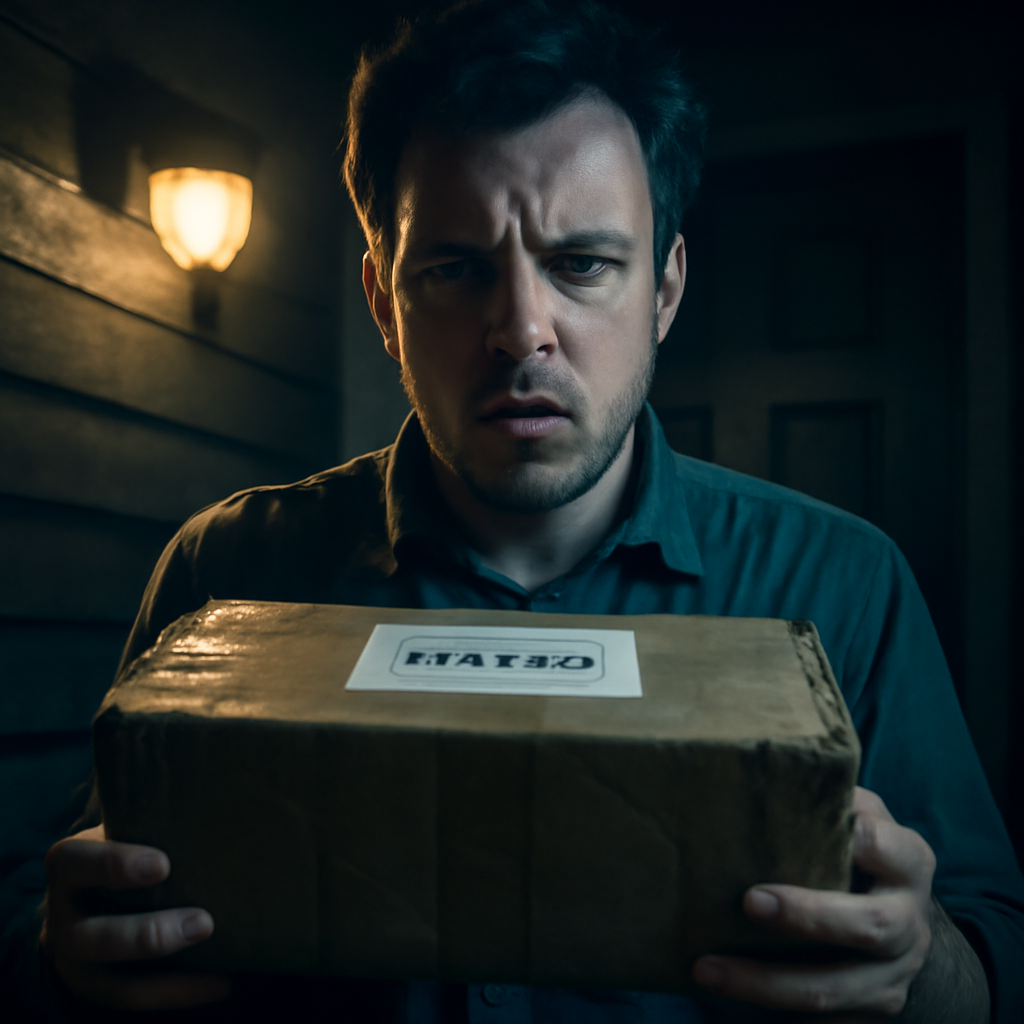 A confused customer holding a returned package that mysteriously reappeared under dim porch light