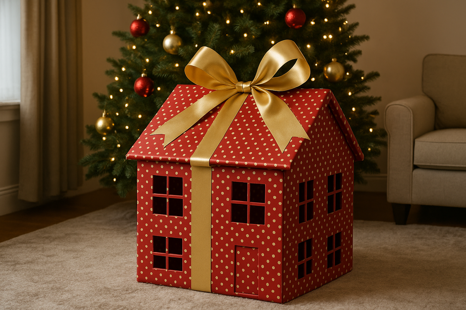 A giant wrapped gift box shaped like a house sitting under a Christmas tree