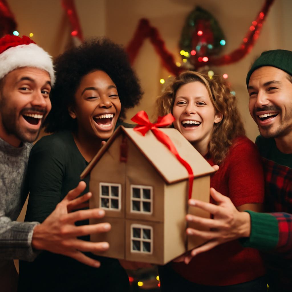 A group of people at a holiday party gift exchange all reaching for the same oversized house-shaped gift box