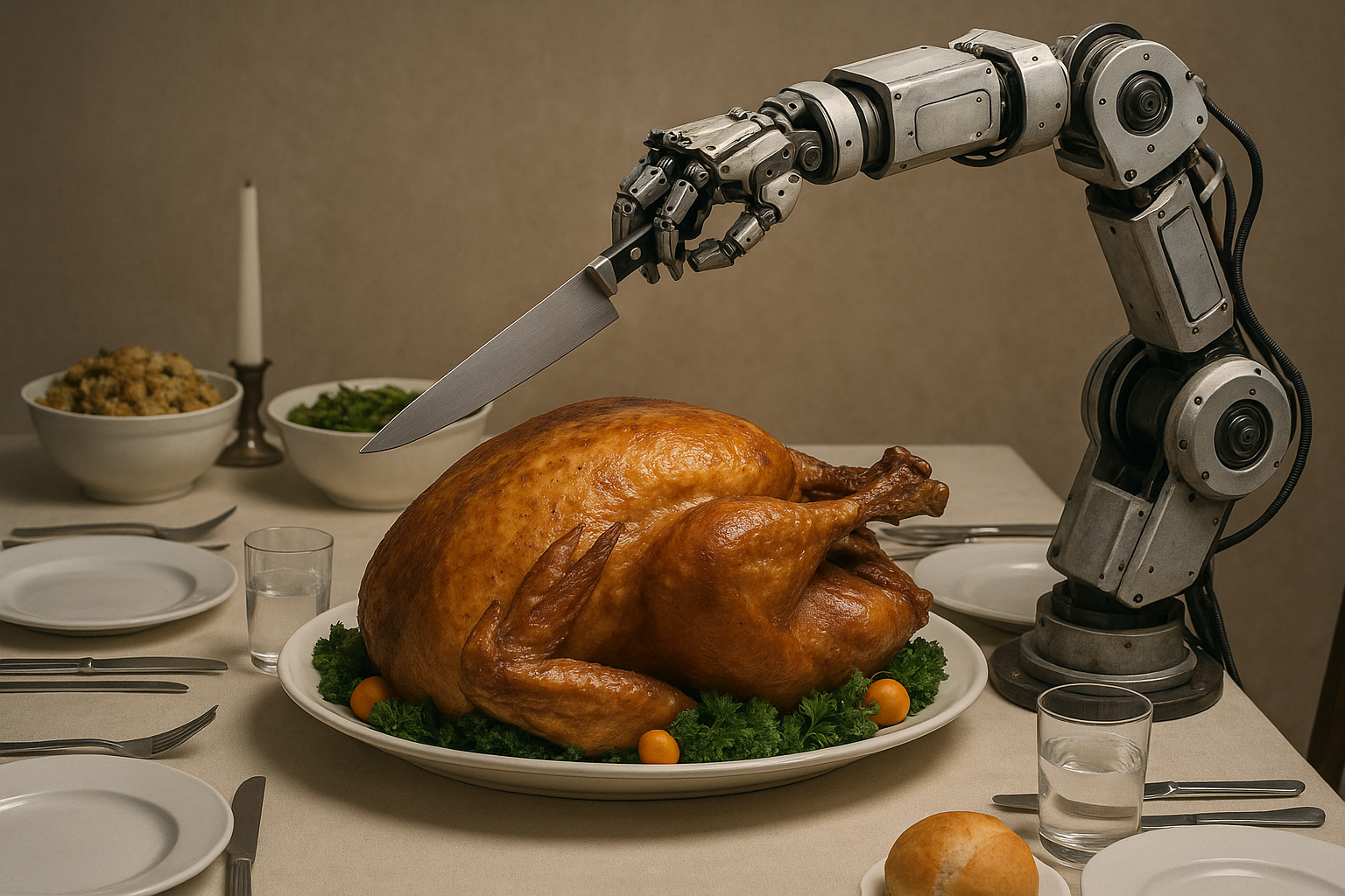 A robotic arm with a carving knife hovering motionless over a whole roasted turkey
