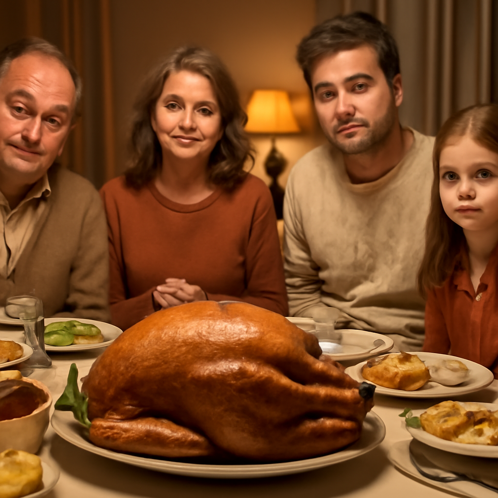 A family sitting around a Thanksgiving dinner table looking satisfied despite an uncarved turkey