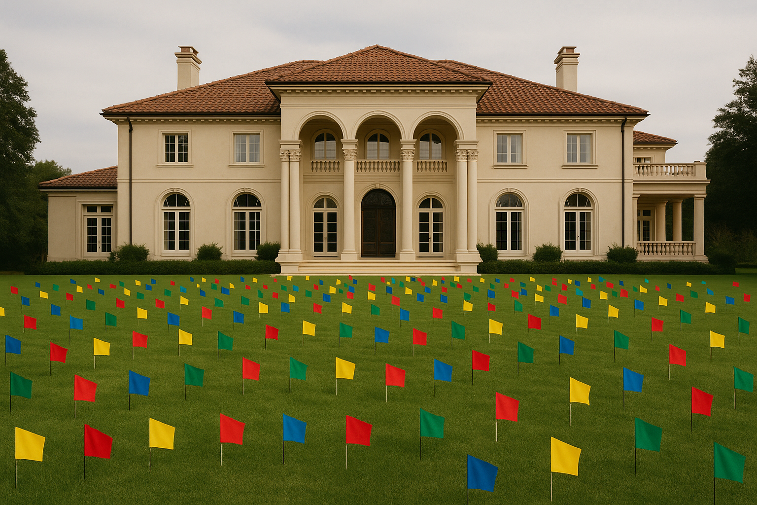 A luxury mansion lawn covered in dozens of tiny colored flags like a shared booking calendar