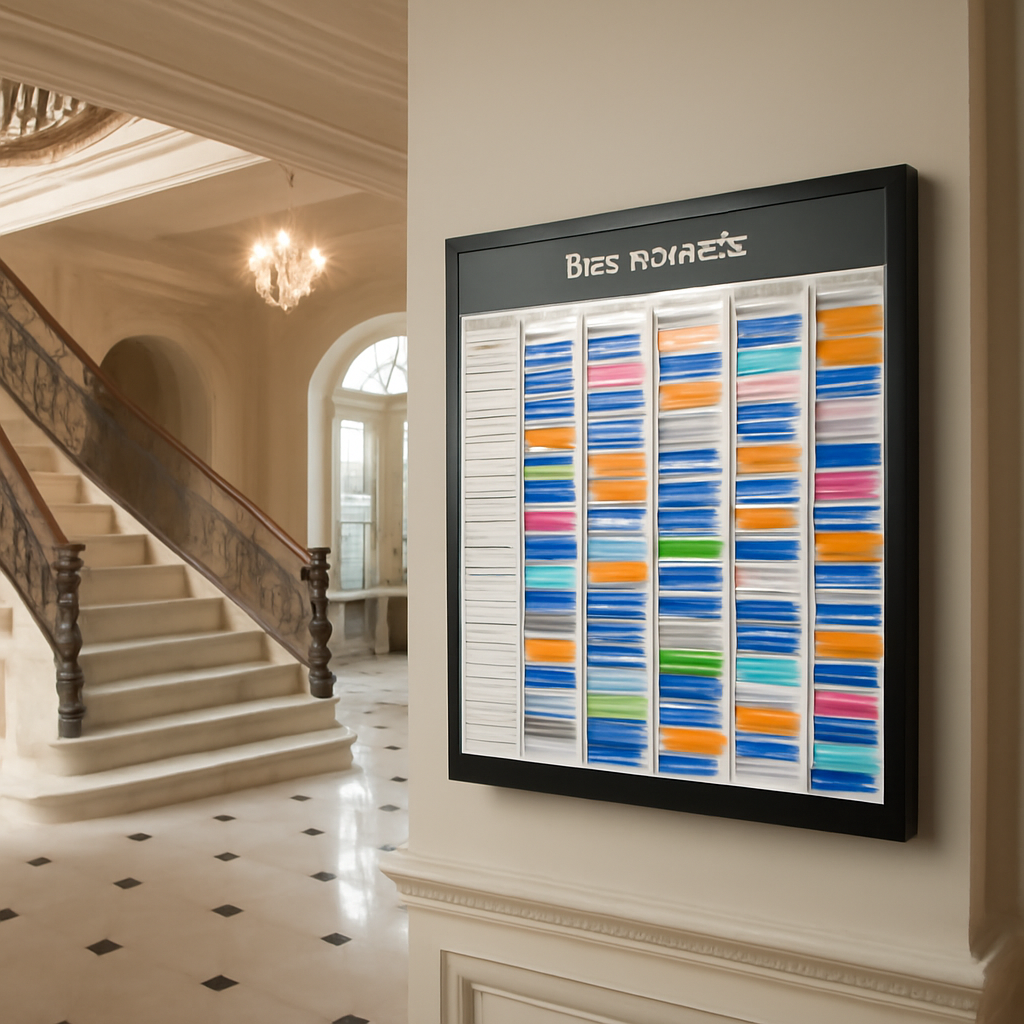 A shared calendar app mounted on the wall of a luxury mansion foyer, showing dozens of booked names