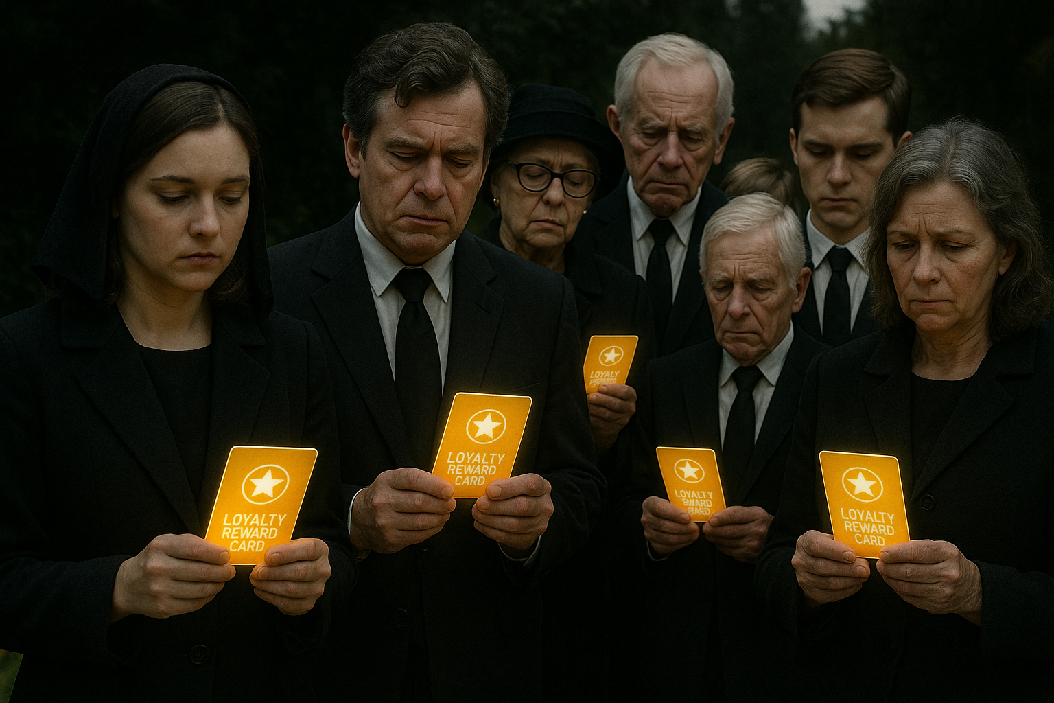 A funeral-style gathering where mourners hold glowing loyalty reward cards instead of flowers