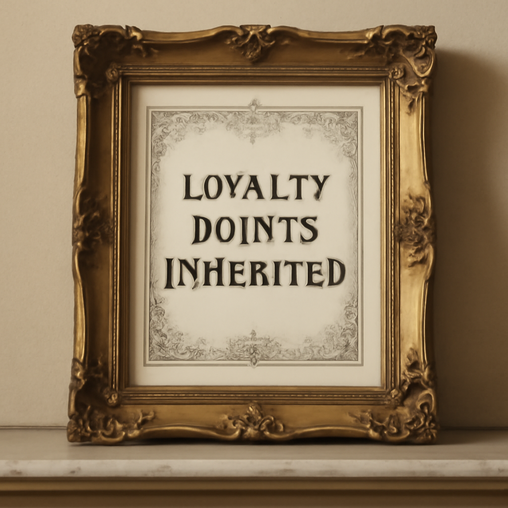 A framed certificate reading 'loyalty points inherited' displayed on a mantelpiece