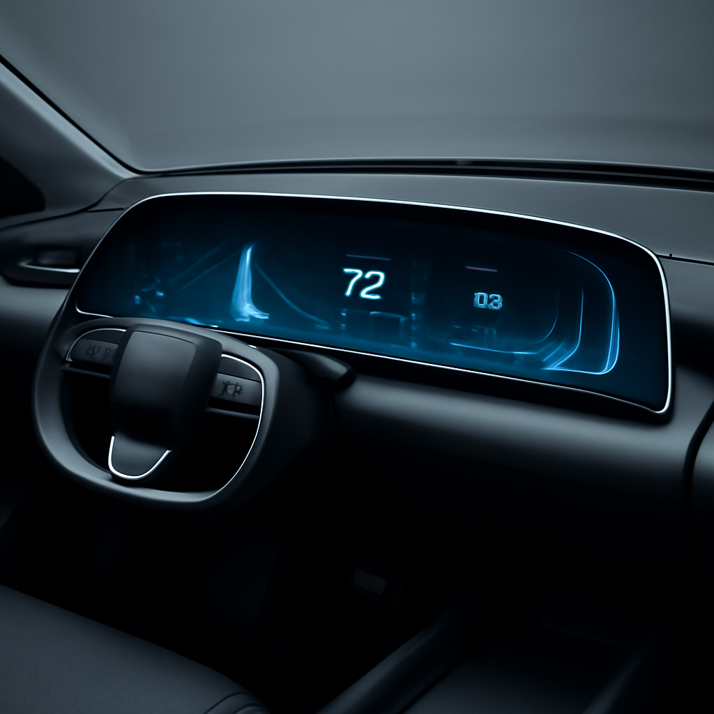 A fictional minimalist SUV dashboard with a single curved glass display