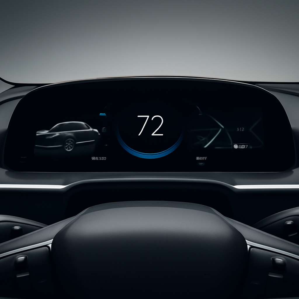 Fictional minimalist dashboard of the Vantiq Eluxe GT with a single curved display