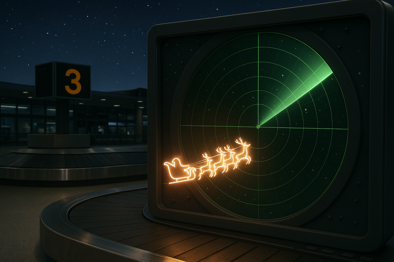 A glowing sleigh on a radar tracking screen circling an airport baggage claim carousel at night