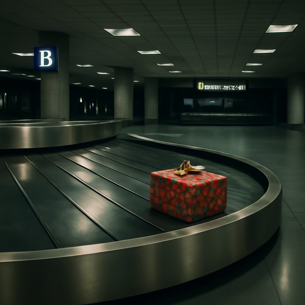 An empty airport baggage carousel at night with a single wrapped Christmas present going around