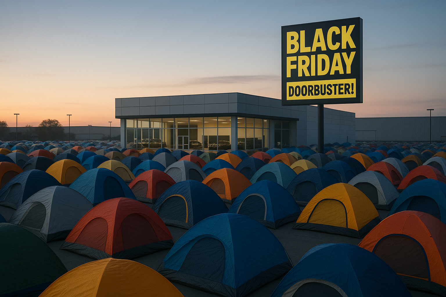 Thousands of camping tents lined up overnight outside an empty car dealership lot with a Black Friday doorbuster sign