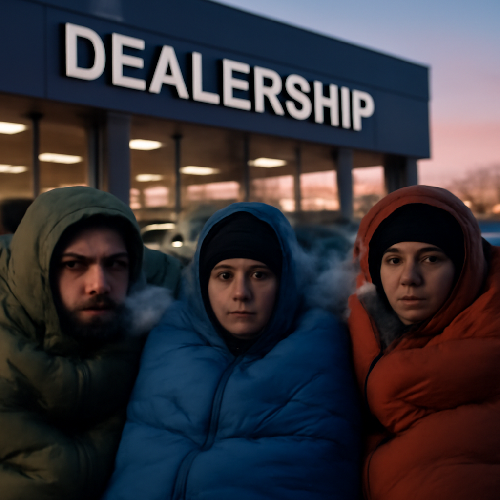 Campers huddled in sleeping bags outside a dealership at dawn, breath visible in the cold air