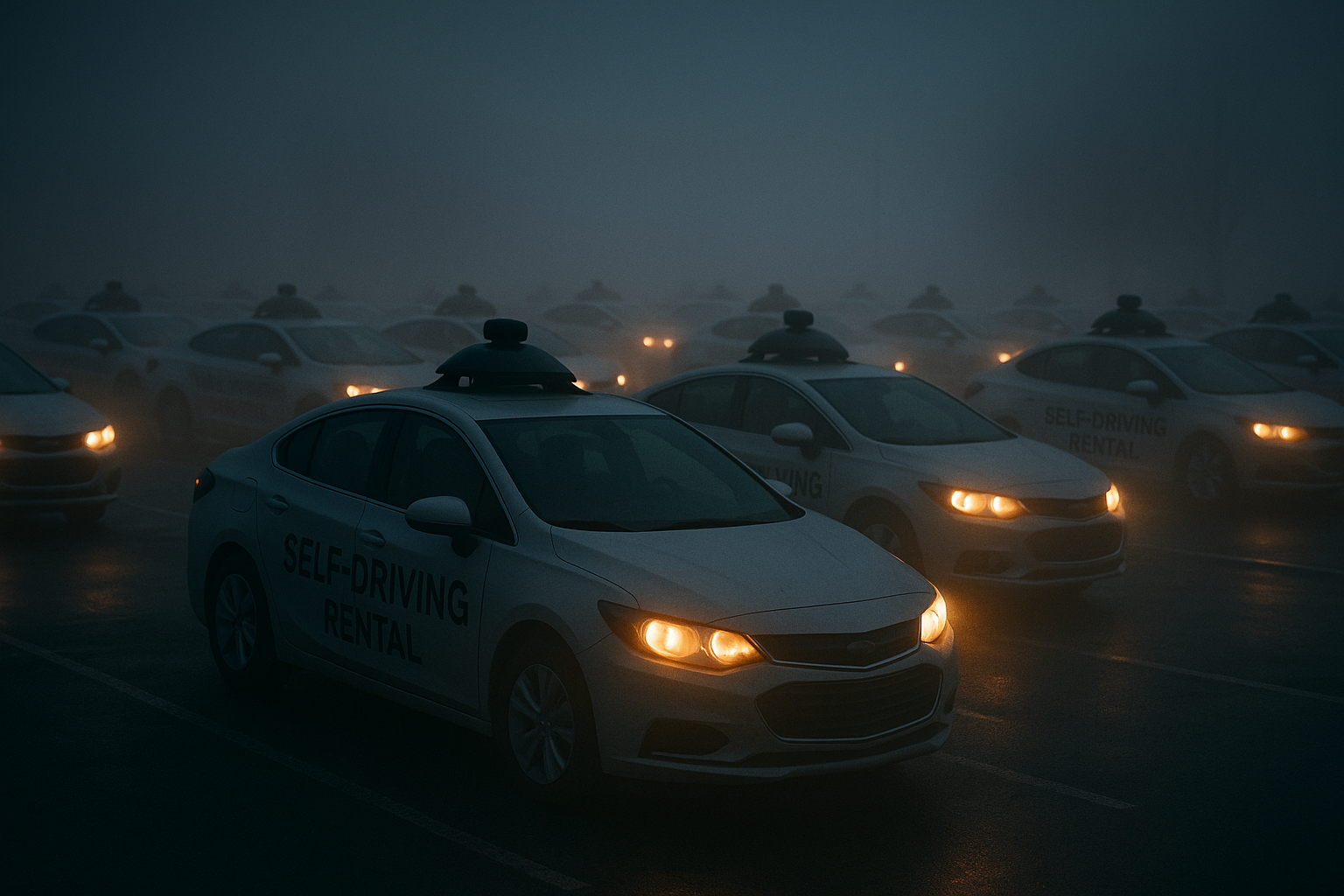 A fleet of self-driving rental cars parked in a foggy lot at night with glowing headlights