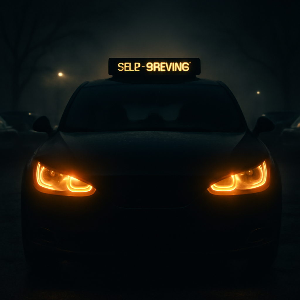 A self-driving car's headlights glowing in the dark like eyes in a foggy rental lot