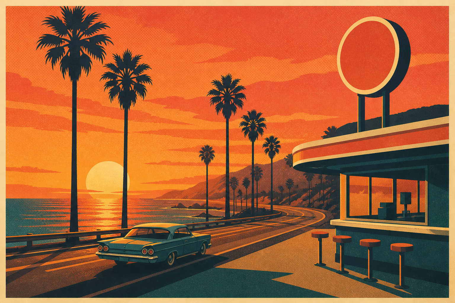 Vintage California travel-poster illustration of a coastal highway diner at sunset
