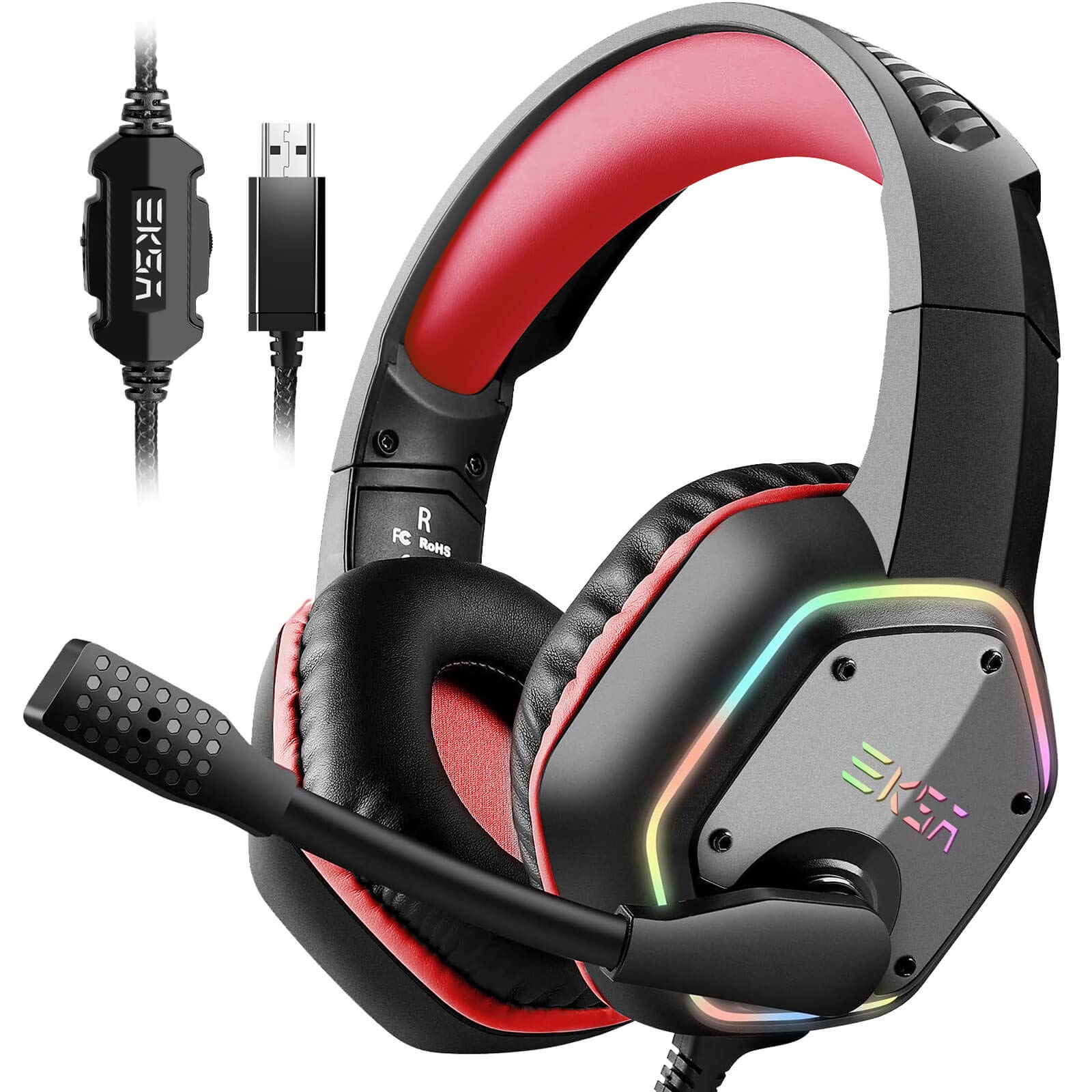 EKSA E1000 Gaming Headset, Computer Headphones with Noise Canceling Mic & RGB Light, 7.1 Surround So