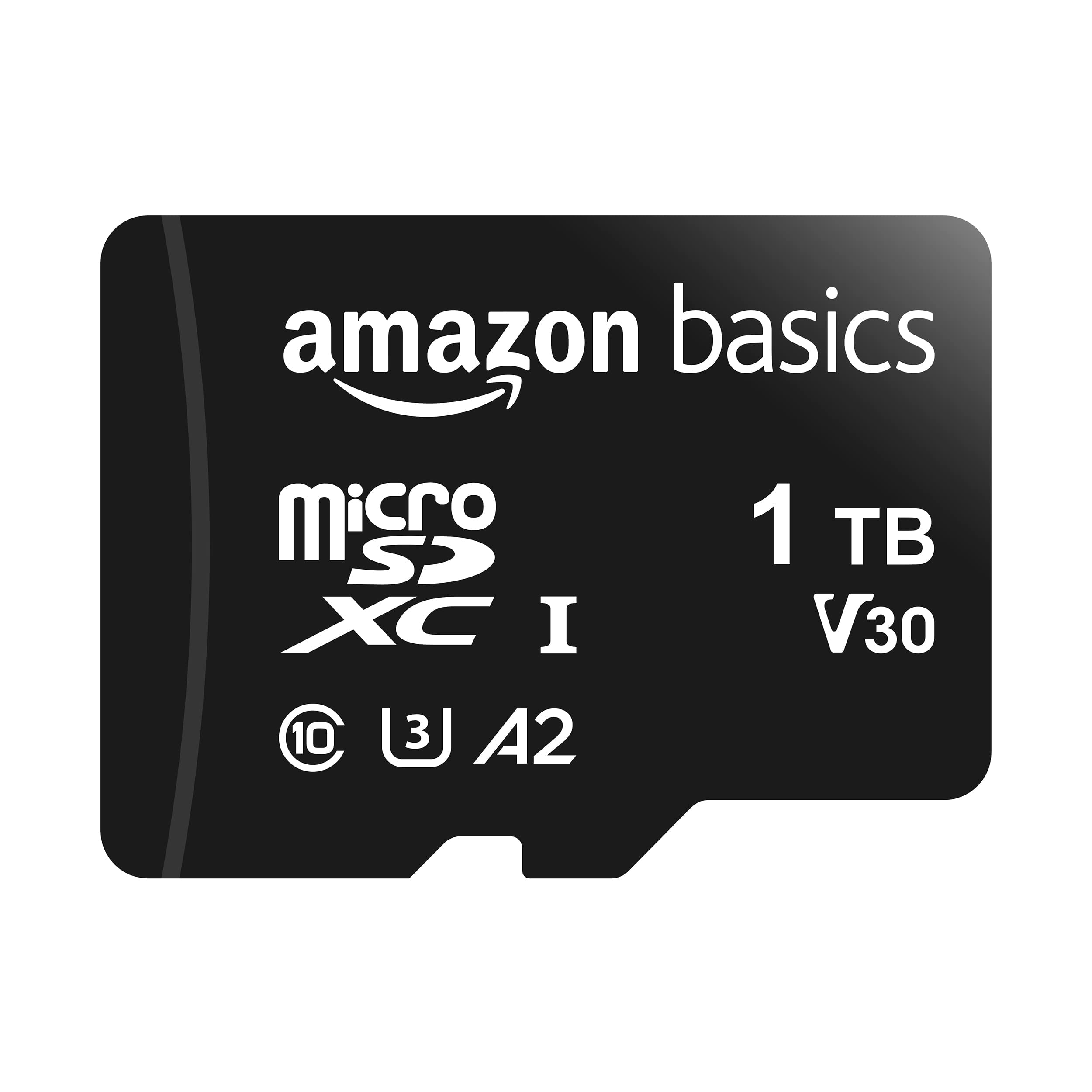 Amazon Basics microSDXC Memory Card with Full Size Adapter, A2, U3, Read Speed up to 100 MB/s, 1 Tb,