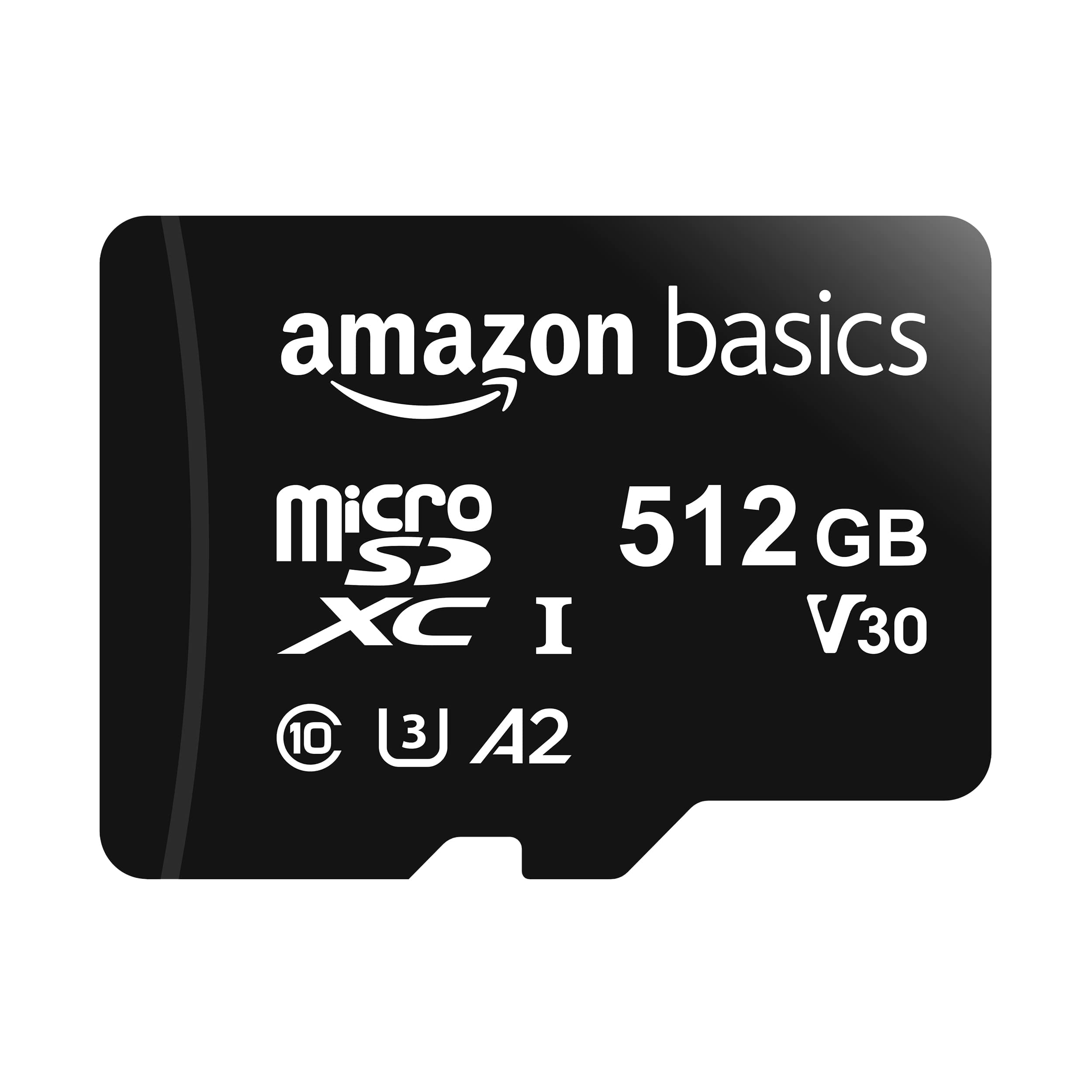 Amazon Basics microSDXC Memory Card with Full Size Adapter, A2, U3, Read Speed up to 100 MB/s, 512GB