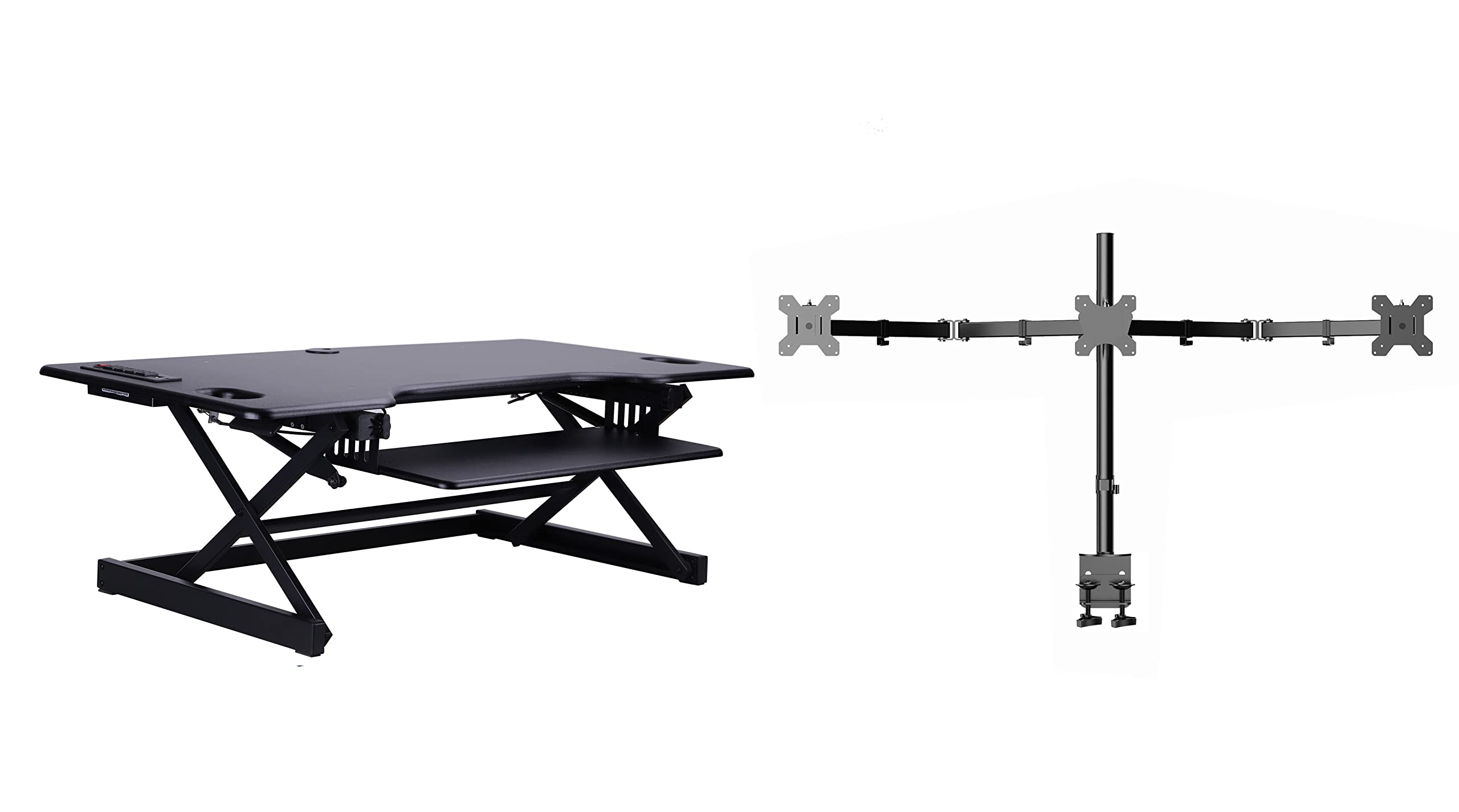 Rocelco 46" Standing Desk Converter with AC USB Charger and Triple Monitor Mount Arm - Height Adjust